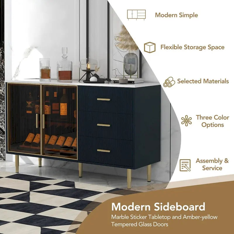Modern Sideboard Buffet Cabinet - 3 Drawers, Glass Doors, Adjustable Shelves, Gold Metal Legs, 133 LBS Capacity
