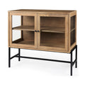 36" Mango Wood Accent Cabinet - 2 Glass Doors Black Iron Frame - Removable Shelf - Modern Industrial Display Storage - 32"H