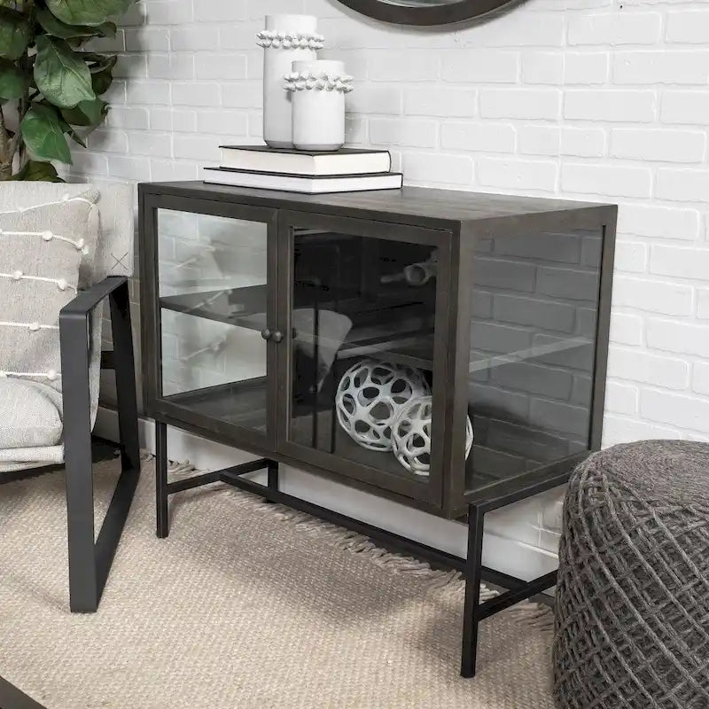 36" Mango Wood Accent Cabinet - 2 Glass Doors Black Iron Frame - Removable Shelf - Modern Industrial Display Storage - 32"H