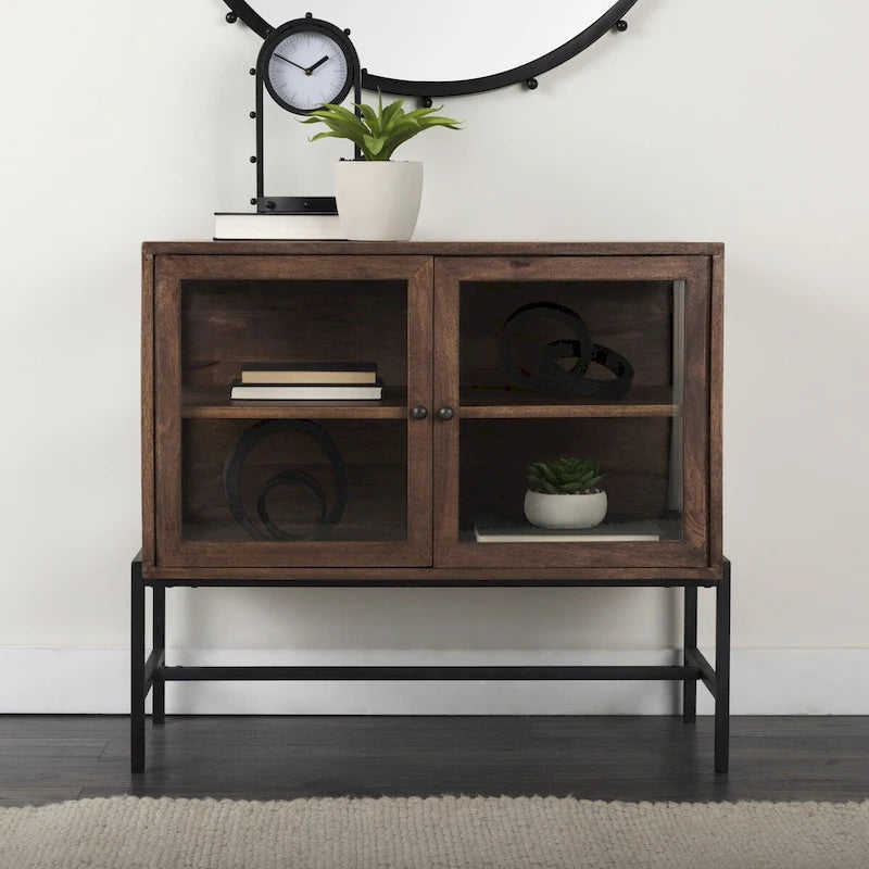 36" Mango Wood Accent Cabinet - 2 Glass Doors Black Iron Frame - Removable Shelf - Modern Industrial Display Storage - 32"H