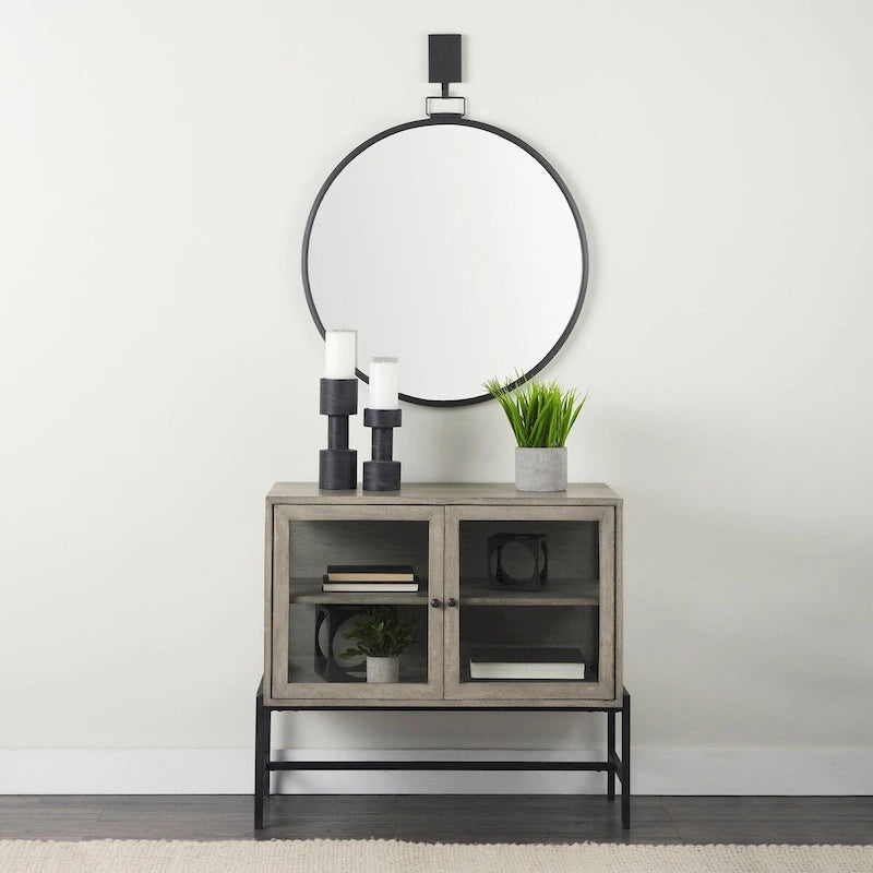 36" Mango Wood Accent Cabinet - 2 Glass Doors Black Iron Frame - Removable Shelf - Modern Industrial Display Storage - 32"H