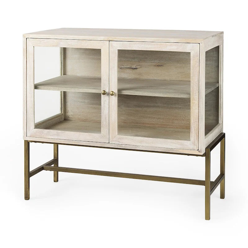 36" Mango Wood Accent Cabinet - 2 Glass Doors Black Iron Frame - Removable Shelf - Modern Industrial Display Storage - 32"H