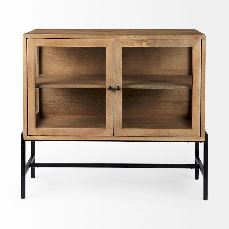 36" Mango Wood Accent Cabinet - 2 Glass Doors Black Iron Frame - Removable Shelf - Modern Industrial Display Storage - 32"H