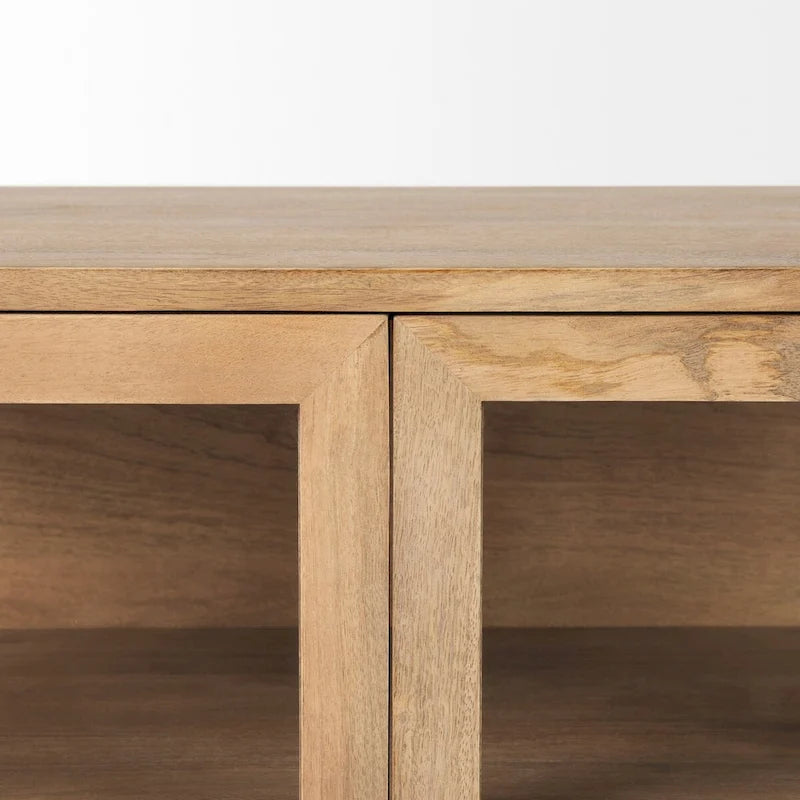 36" Mango Wood Accent Cabinet - 2 Glass Doors Black Iron Frame - Removable Shelf - Modern Industrial Display Storage - 32"H