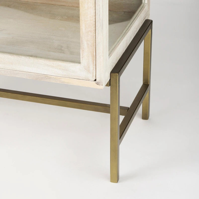 36" Mango Wood Accent Cabinet - 2 Glass Doors Black Iron Frame - Removable Shelf - Modern Industrial Display Storage - 32"H