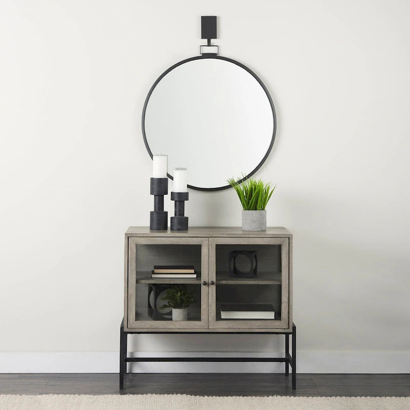36" Mango Wood Accent Cabinet - 2 Glass Doors Black Iron Frame - Removable Shelf - Modern Industrial Display Storage - 32"H