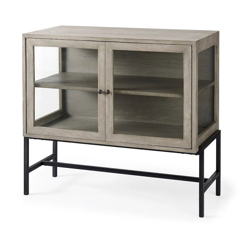 36" Mango Wood Accent Cabinet - 2 Glass Doors Black Iron Frame - Removable Shelf - Modern Industrial Display Storage - 32"H