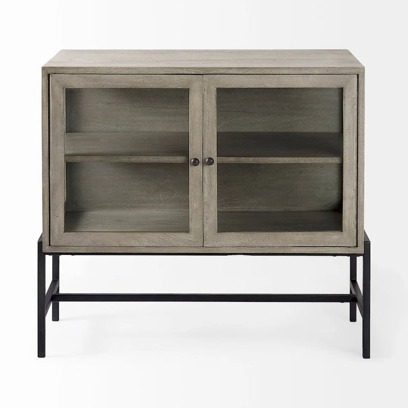 36" Mango Wood Accent Cabinet - 2 Glass Doors Black Iron Frame - Removable Shelf - Modern Industrial Display Storage - 32"H