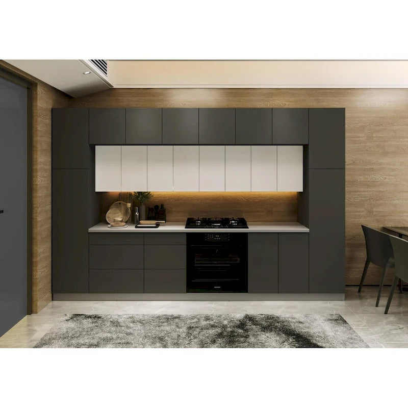 12ft Modern Kitchen Cabinet Set - Black - European Manufactured - Soft-Close Hinges - Adjustable Shelves - 143"x24" Base Cabinets