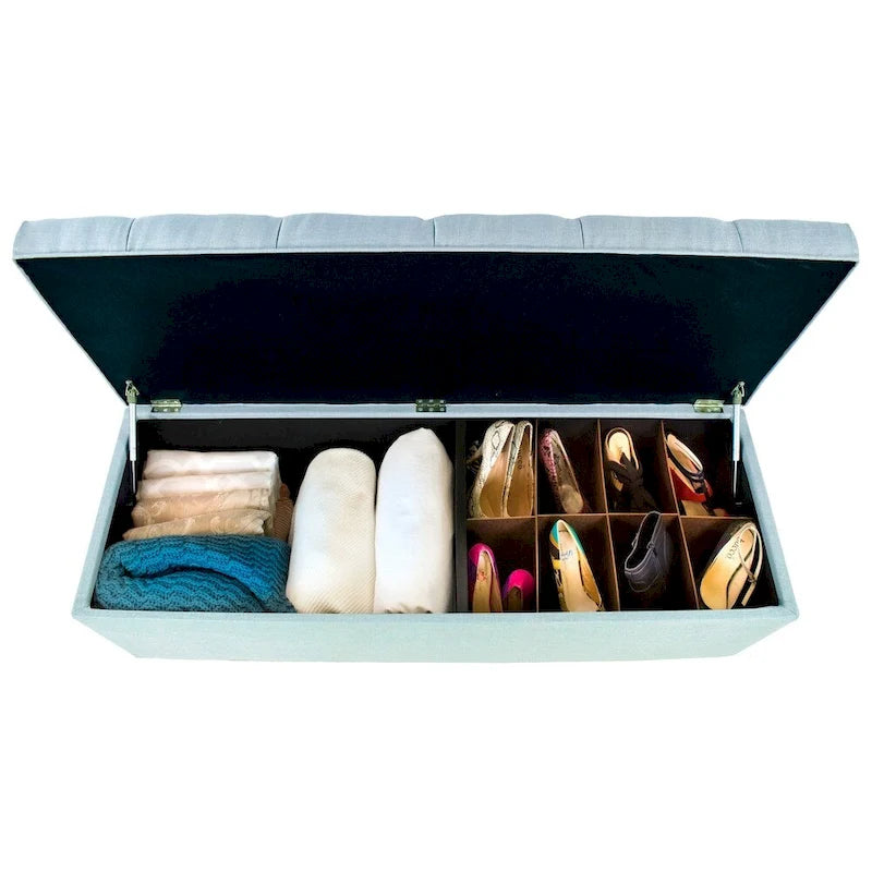 53" Diamond Tufted Storage Bench - Dual Compartment with 8-Slot Shoe Organizer, Hydraulic Lift, Solid Wood Frame - Linen Upholstered Seat