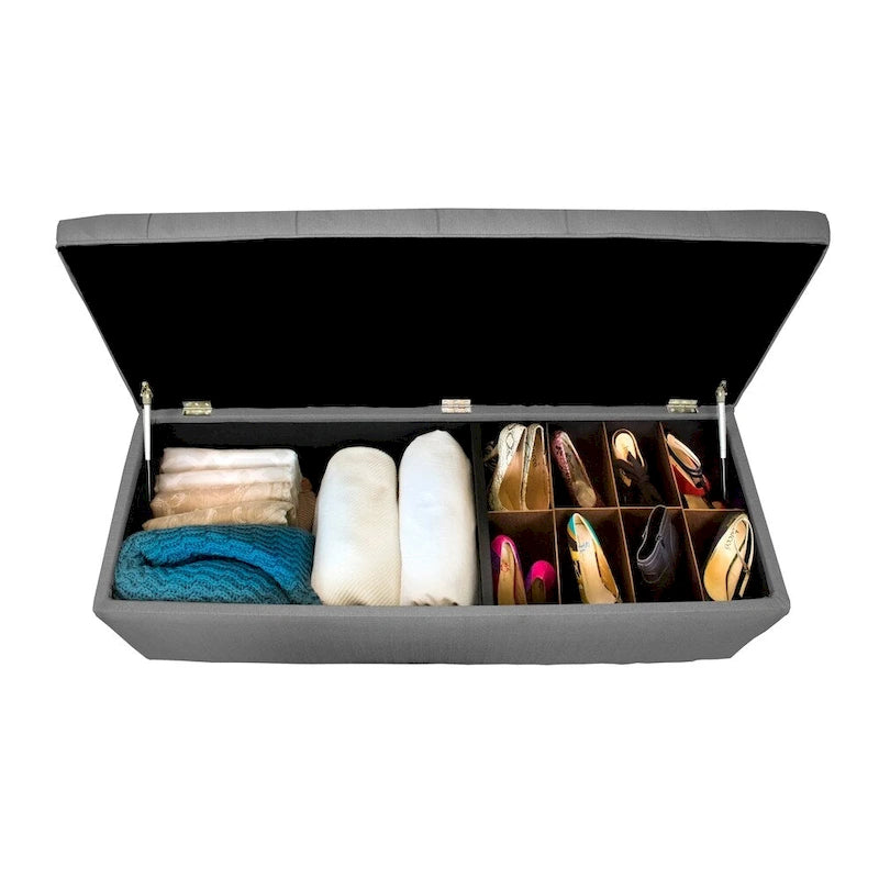 53" Diamond Tufted Storage Bench - Dual Compartment with 8-Slot Shoe Organizer, Hydraulic Lift, Solid Wood Frame - Linen Upholstered Seat