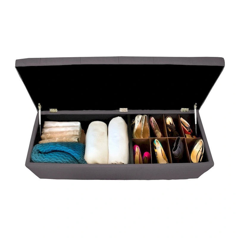 53" Diamond Tufted Storage Bench - Dual Compartment with 8-Slot Shoe Organizer, Hydraulic Lift, Solid Wood Frame - Linen Upholstered Seat