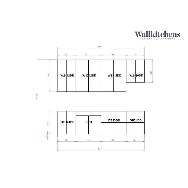 9.5 ft Contemporary Kitchen Cabinet Set - White Matte Base Cabinets 114"x24", European Soft-Close, Adjustable Shelves - Modern Modular Design
