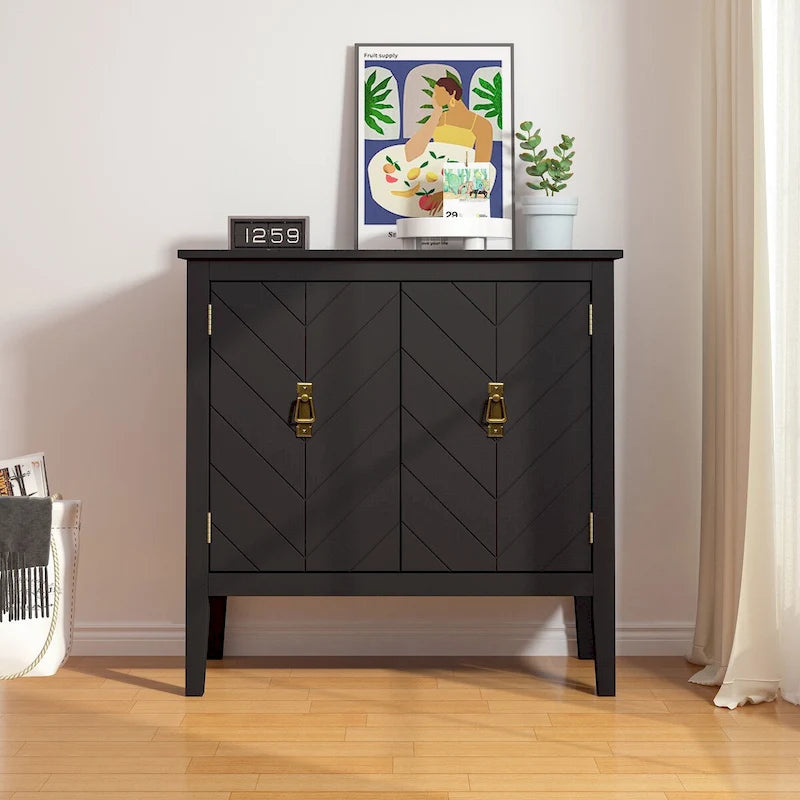 2-Door Wooden Storage Cabinet - 180 LBS Capacity, Adjustable Shelves, Vintage Black Sideboard, Antique Brass Handles