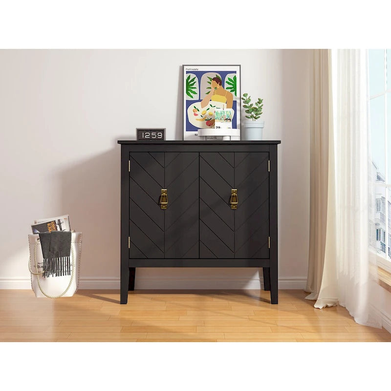 2-Door Wooden Storage Cabinet - 180 LBS Capacity, Adjustable Shelves, Vintage Black Sideboard, Antique Brass Handles