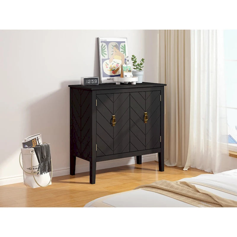 2-Door Wooden Storage Cabinet - 180 LBS Capacity, Adjustable Shelves, Vintage Black Sideboard, Antique Brass Handles