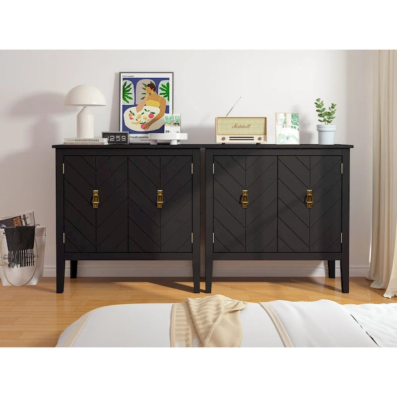 2-Door Wooden Storage Cabinet - 180 LBS Capacity, Adjustable Shelves, Vintage Black Sideboard, Antique Brass Handles