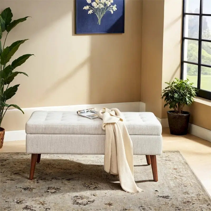 43.3" Tufted Storage Ottoman Bench - 300 lb Capacity Upholstered Seat with Lift-Top, Safety Hinge - Beige End of Bed Bench for Bedroom