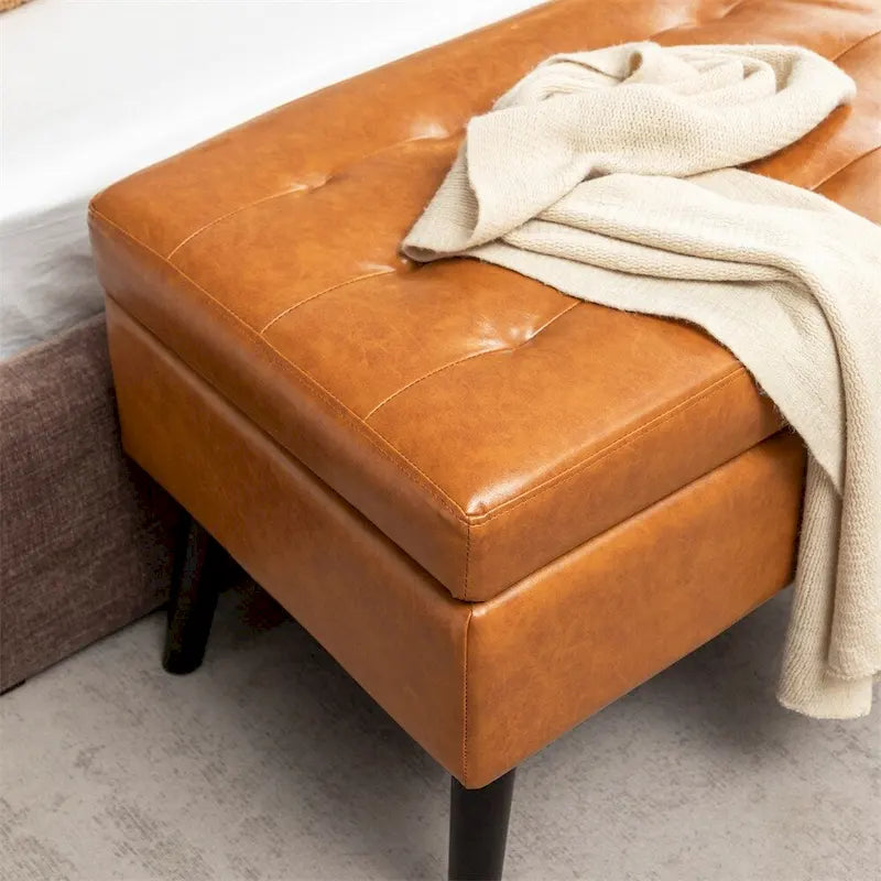 43.3" Tufted Storage Ottoman Bench - 300 lb Capacity Upholstered Seat with Lift-Top, Safety Hinge - Beige End of Bed Bench for Bedroom