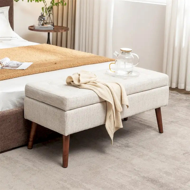 43.3" Tufted Storage Ottoman Bench - 300 lb Capacity Upholstered Seat with Lift-Top, Safety Hinge - Beige End of Bed Bench for Bedroom