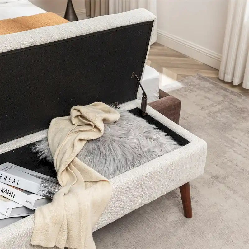 43.3" Tufted Storage Ottoman Bench - 300 lb Capacity Upholstered Seat with Lift-Top, Safety Hinge - Beige End of Bed Bench for Bedroom