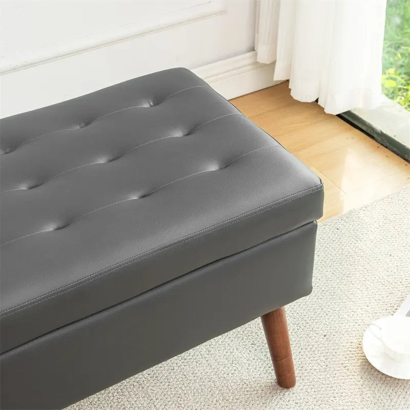 43.3" Tufted Storage Ottoman Bench - 300 lb Capacity Upholstered Seat with Lift-Top, Safety Hinge - Beige End of Bed Bench for Bedroom