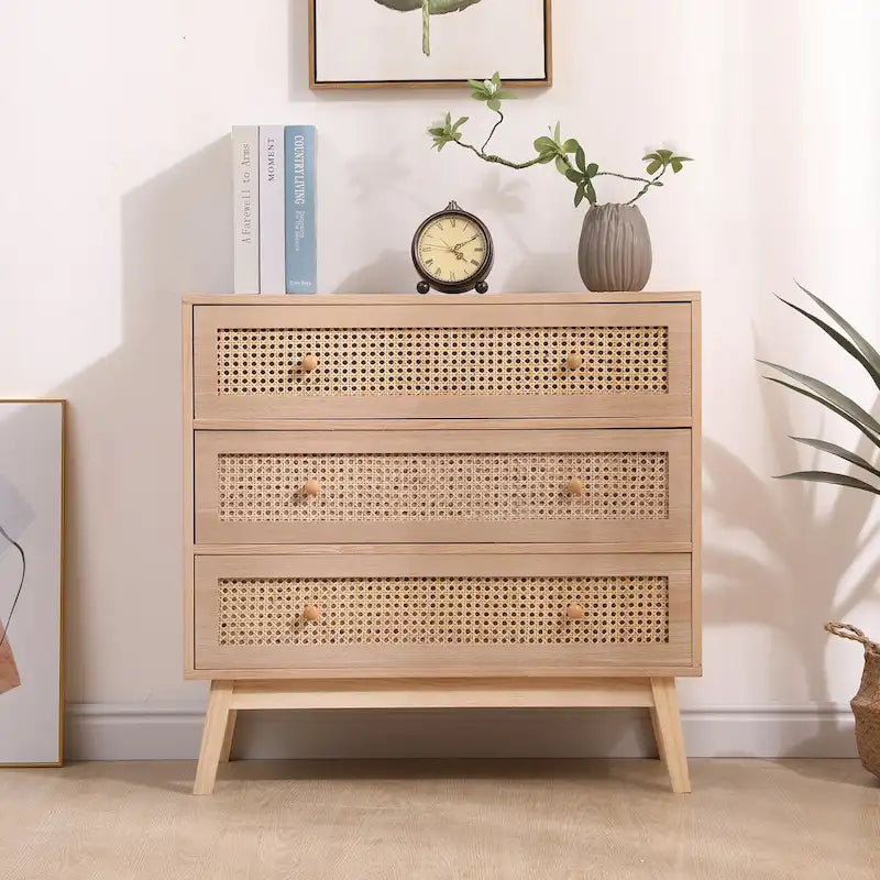 31.5" Natural Rattan Storage Cabinet with 3 Drawers - Solid Wood Legs Dresser for Bedroom, Living Room - Breathable Woven Drawer Organizer