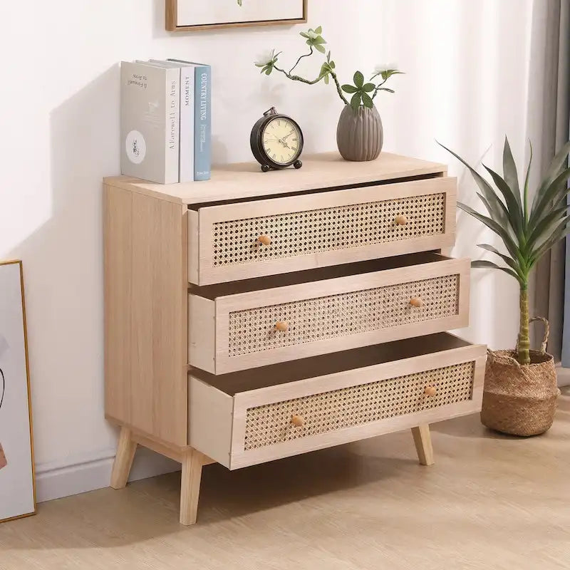 31.5" Natural Rattan Storage Cabinet with 3 Drawers - Solid Wood Legs Dresser for Bedroom, Living Room - Breathable Woven Drawer Organizer