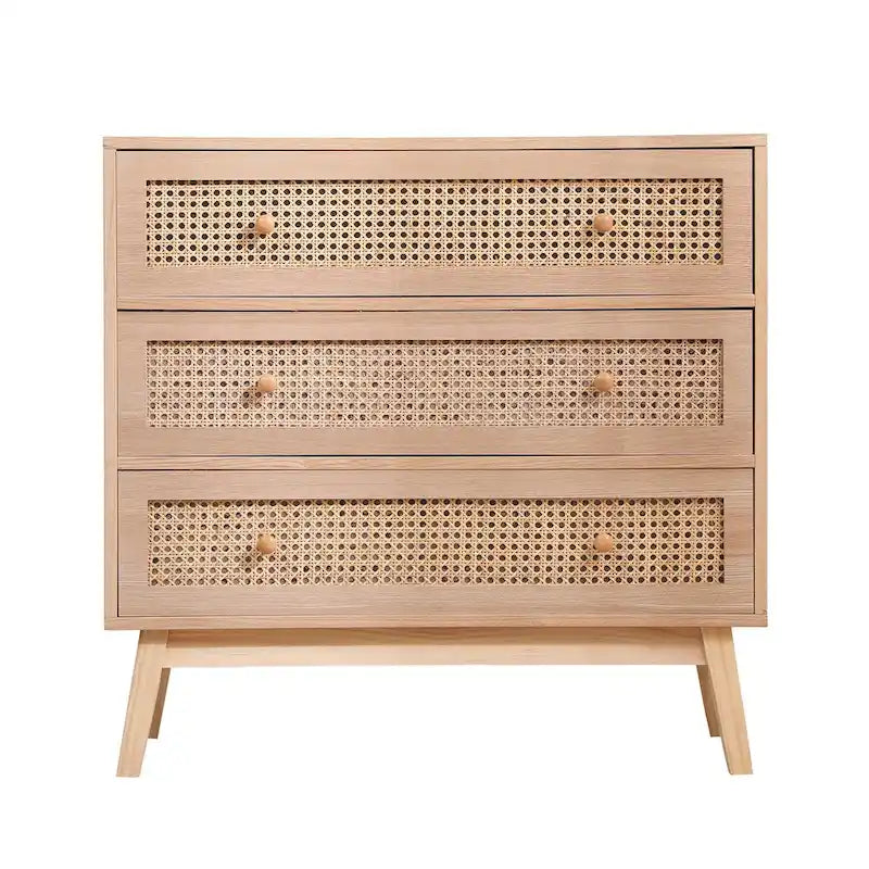 31.5" Natural Rattan Storage Cabinet with 3 Drawers - Solid Wood Legs Dresser for Bedroom, Living Room - Breathable Woven Drawer Organizer
