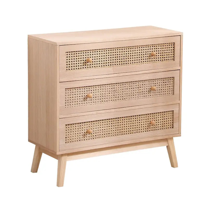 31.5" Natural Rattan Storage Cabinet with 3 Drawers - Solid Wood Legs Dresser for Bedroom, Living Room - Breathable Woven Drawer Organizer