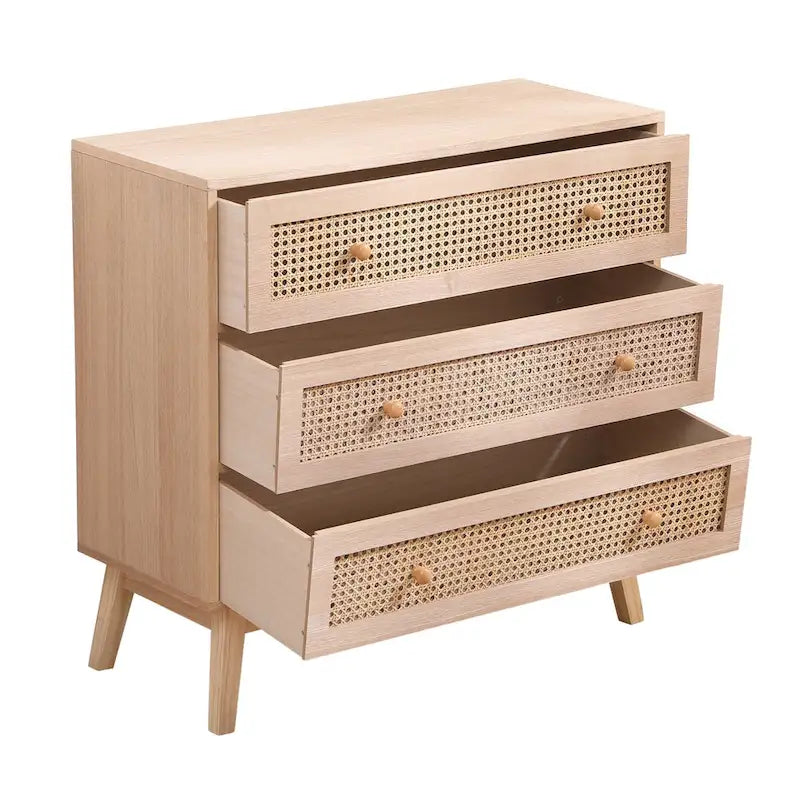 31.5" Natural Rattan Storage Cabinet with 3 Drawers - Solid Wood Legs Dresser for Bedroom, Living Room - Breathable Woven Drawer Organizer