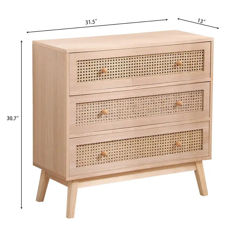 31.5" Natural Rattan Storage Cabinet with 3 Drawers - Solid Wood Legs Dresser for Bedroom, Living Room - Breathable Woven Drawer Organizer