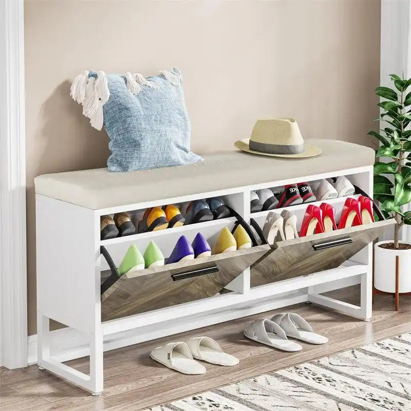39.37" Shoe Storage Bench with 2 Flip Drawers Soft Cushion Seat 2" Thick Padding Steel Frame E1 Particleboard Holds 8-10 Pairs Entryway