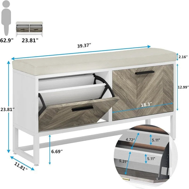 39.37" Shoe Storage Bench with 2 Flip Drawers Soft Cushion Seat 2" Thick Padding Steel Frame E1 Particleboard Holds 8-10 Pairs Entryway