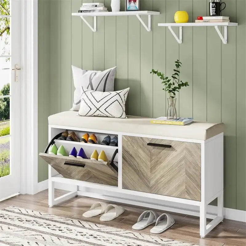 39.37" Shoe Storage Bench with 2 Flip Drawers Soft Cushion Seat 2" Thick Padding Steel Frame E1 Particleboard Holds 8-10 Pairs Entryway