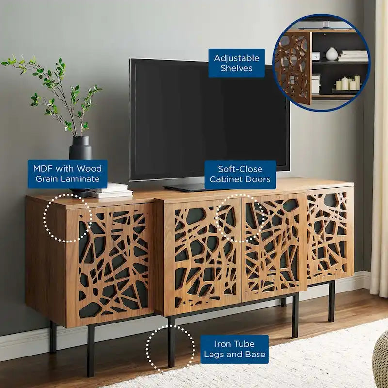 Modern Walnut Sideboard MDF Adjustable Shelves Soft-Close Doors Iron Legs Anti-Tip TV Stand Credenza