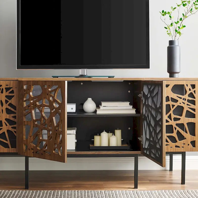 Modern Walnut Sideboard MDF Adjustable Shelves Soft-Close Doors Iron Legs Anti-Tip TV Stand Credenza