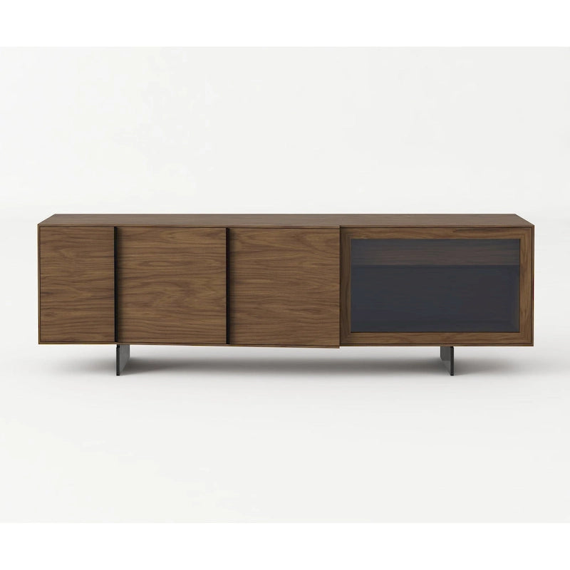 Mid-Century Modern Buffet Cabinet - Walnut Veneer Sideboard with 3 Angled Doors, Grey Glass Drawer, Interior Shelves - Dining Room Storage