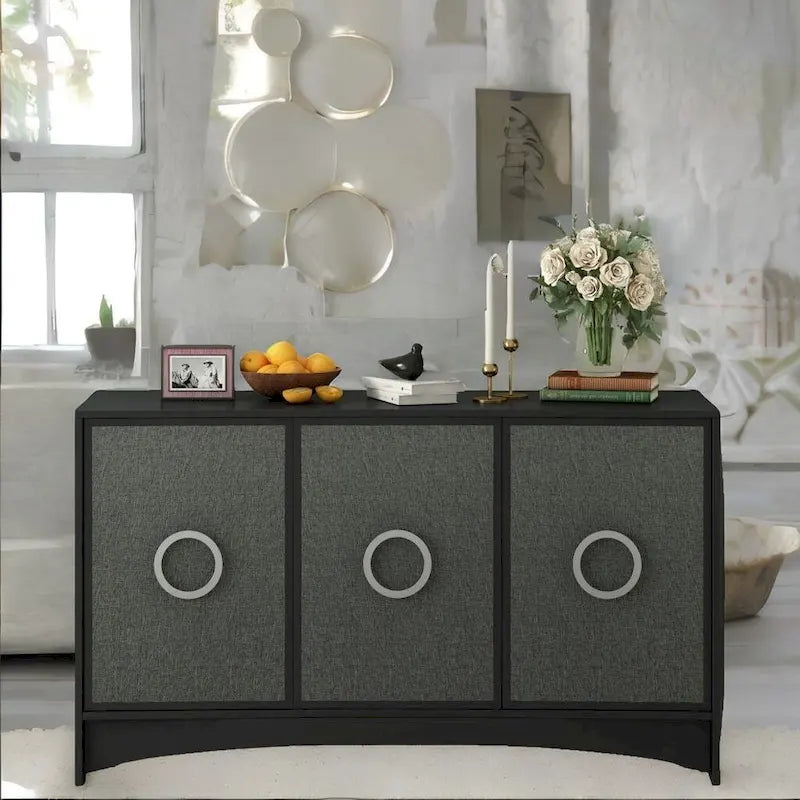 Curved Design Storage Cabinet with 3 Doors & Adjustable Shelves - Linen Finish MDF Sideboard with Metal Handles & Pine Legs