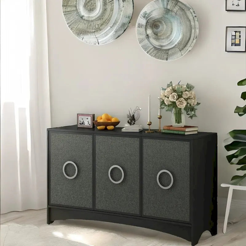 Curved Design Storage Cabinet with 3 Doors & Adjustable Shelves - Linen Finish MDF Sideboard with Metal Handles & Pine Legs