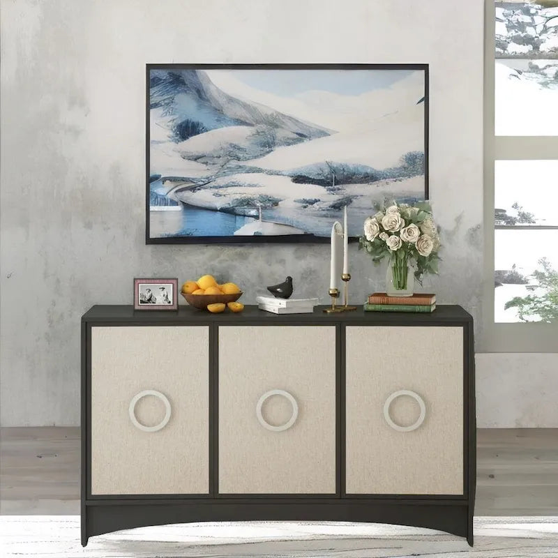 Curved Design Storage Cabinet with 3 Doors & Adjustable Shelves - Linen Finish MDF Sideboard with Metal Handles & Pine Legs