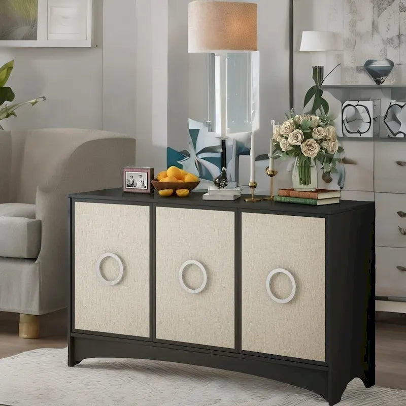 Curved Design Storage Cabinet with 3 Doors & Adjustable Shelves - Linen Finish MDF Sideboard with Metal Handles & Pine Legs