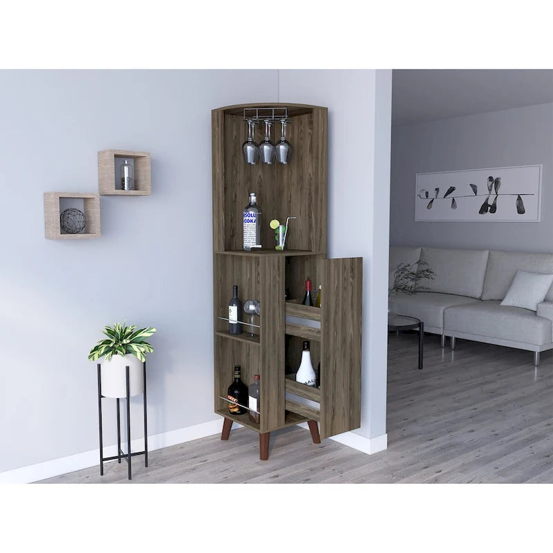 Dark Brown Corner Bar Cabinet 17.72"W Cup Rack Storage Drawer 2 Shelves Kitchen Dining Room Furniture