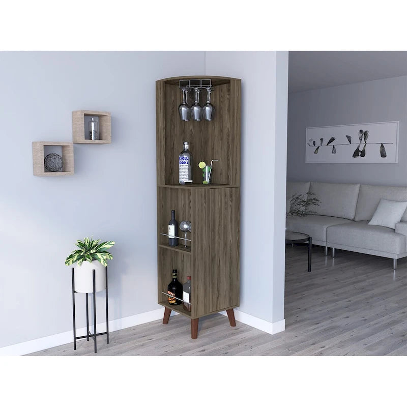Dark Brown Corner Bar Cabinet 17.72"W Cup Rack Storage Drawer 2 Shelves Kitchen Dining Room Furniture