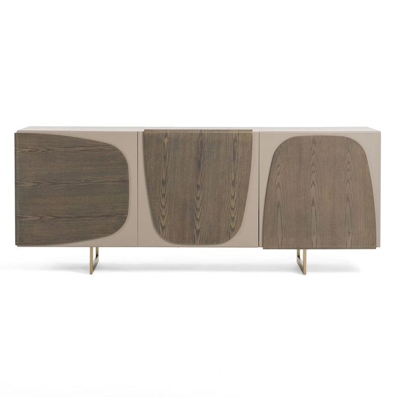 79" Modern Grey Ash Buffet Sideboard with 3 Cabinets 6 Shelves Gold Stainless Steel Legs Natural Wood Grain 205lbs Capacity Contemporary