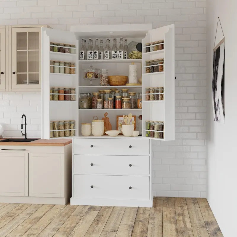 77" Tall Kitchen Pantry Cabinet - 3 Adjustable Shelves 8 Door Shelves 3 Drawers - Freestanding White MDF Storage Cupboard