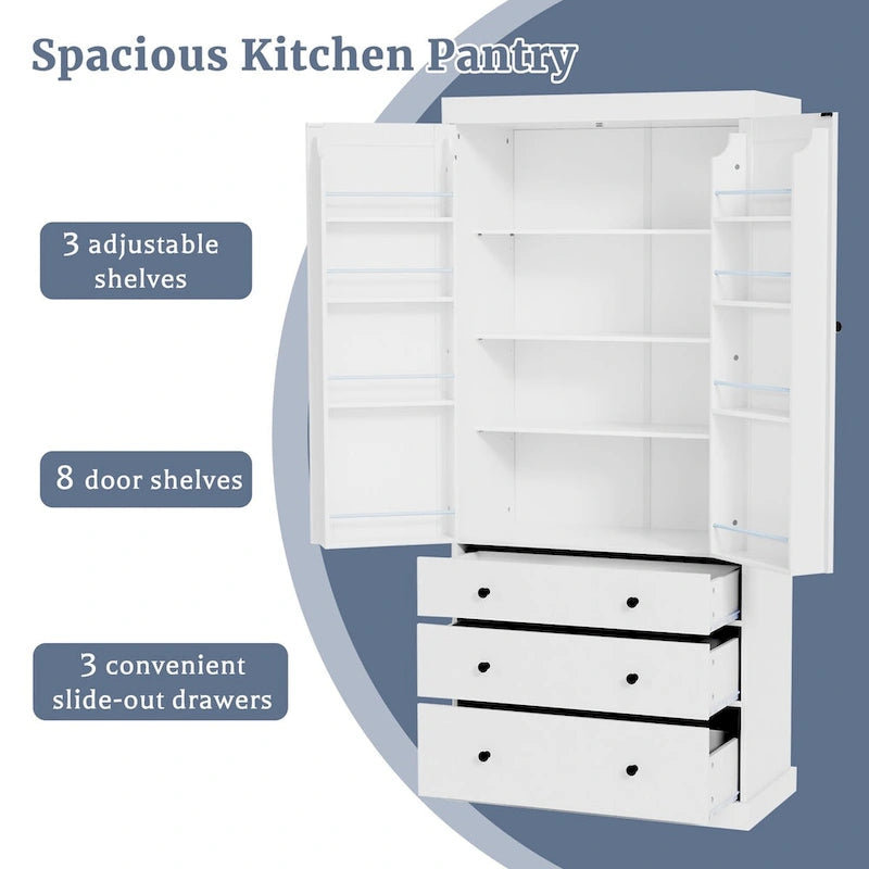 77" Tall Kitchen Pantry Cabinet - 3 Adjustable Shelves 8 Door Shelves 3 Drawers - Freestanding White MDF Storage Cupboard