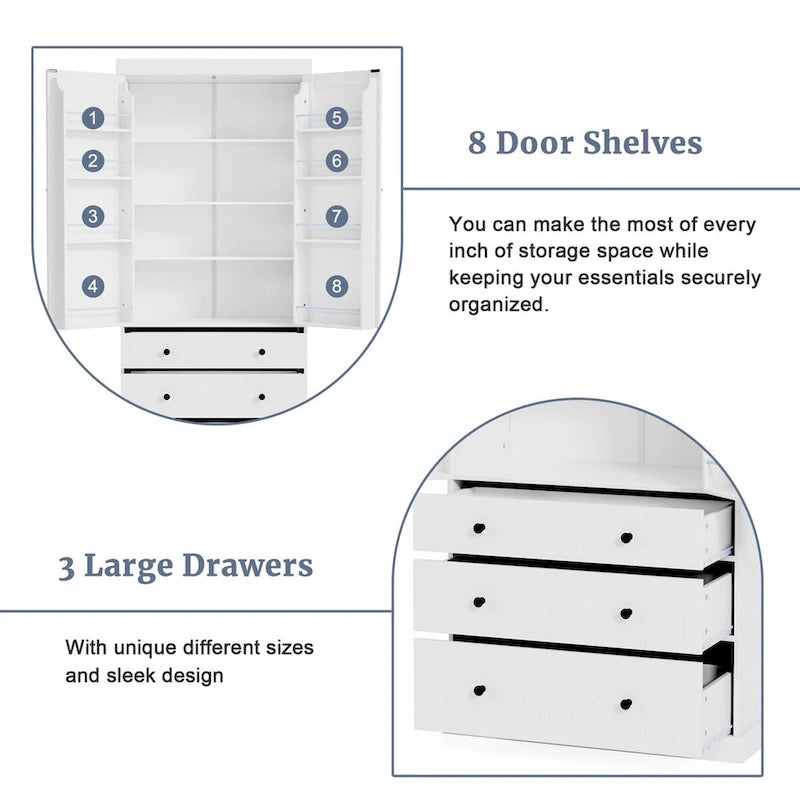 77" Tall Kitchen Pantry Cabinet - 3 Adjustable Shelves 8 Door Shelves 3 Drawers - Freestanding White MDF Storage Cupboard