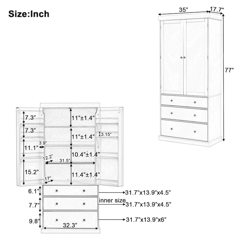 77" Tall Kitchen Pantry Cabinet - 3 Adjustable Shelves 8 Door Shelves 3 Drawers - Freestanding White MDF Storage Cupboard
