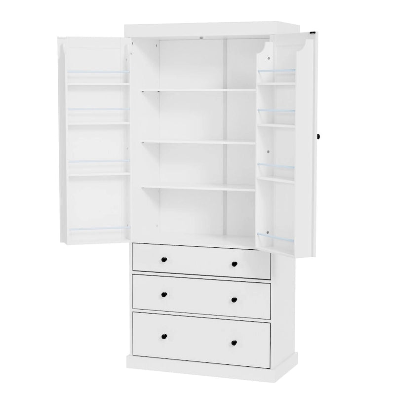 77" Tall Kitchen Pantry Cabinet - 3 Adjustable Shelves 8 Door Shelves 3 Drawers - Freestanding White MDF Storage Cupboard